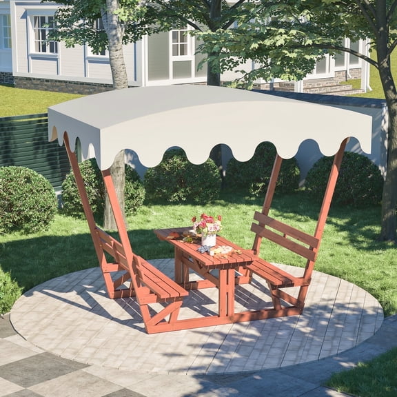 4 Seat Picnic Table with Umbrella UV Canopy, Outdoor Picnic Table Bench for Children Adult