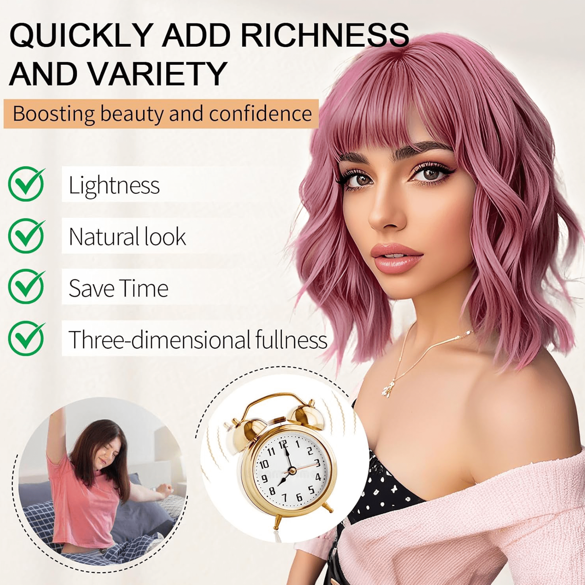 Morovan 13-Inch Heat Resistant Synthetic Bob Wig with Bangs - Natural Look for Daily Wear & Cosplay - Lightweight & Comfortable Wig for Women (Pink)