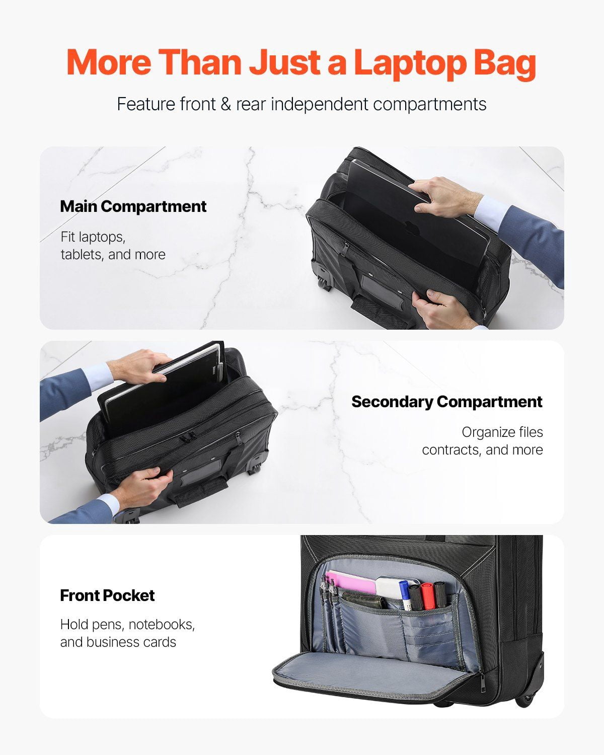 Black Rolling Laptop Bag 15.6 Inch, Wheeled Computer Briefcase for Office & Business, Stylish Work Bag for Women & Men