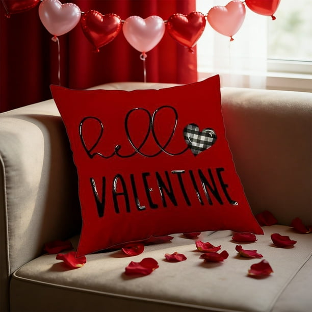 Funda de cojín con estampado de corazones para San Valentín | Cojín de lino para sofá de 45 x 45 cm | Decoración festiva para salón y dormitorio
