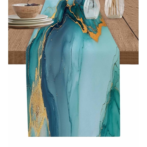 Teal Marble Table Runner 70 Inches, Modern Abstract Art Luxury Yellow Bed Runner Dresser Scarves Tabletop for Indoor Outdoor Parties/Ceremony/Banquet, 13" x 70"
