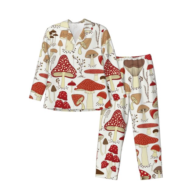 Balery Cartoon Mushrooms Pijama para Hombre de Dos Piezas con Manga Larga, Conjunto de Dormir y Descanso Suave con Bolsillos-Small