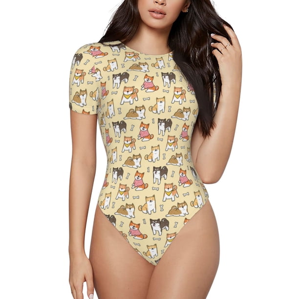 Fotbe Cartoon Shiba Inu Dog Body de Mujer con Cuello Redondo y Mangas Cortas, Sin Mangas Ajustado, Suave, Cómodo y Básico-Medium