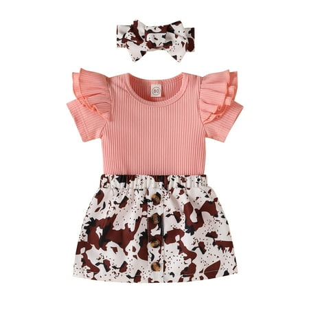 Tfken Outfit For Girls Toddler Fly Sleeve Ruffle Prints Tops Shorts Headbands 3Pcs Summer Set Pink Girl Outfit Set Size 2-3 Years