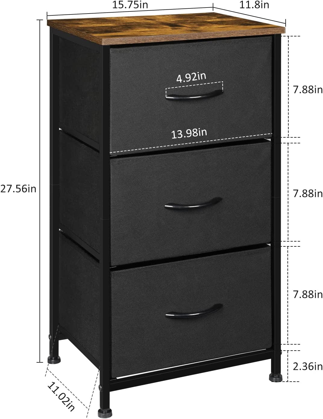 Small Nightstand Dresser, 3 Drawer Fabric Storage Bins Organizer, Black