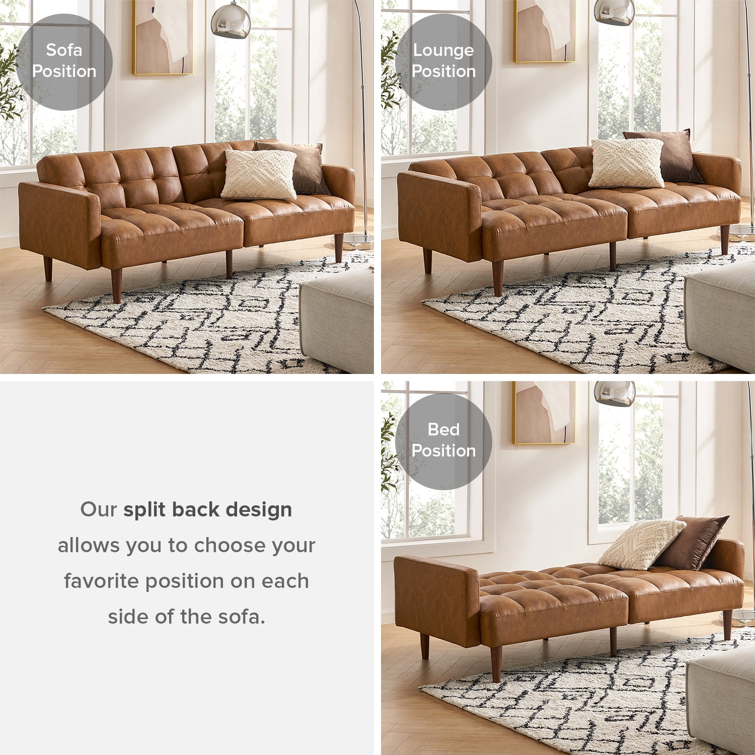 Mopio Aaron Mid Century Modern Faux Leather Convertible Futon 77.5" (Pecan Brown)
