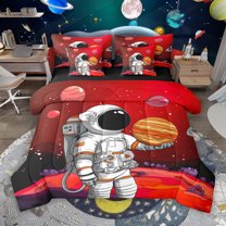 Manfei Teens Astronaut 7-Piece Bedding Comforter Set, Black Red Starry Sky King Bedding Sets, Mystic Outer Space Planet Reversible Bed Sheets, Lightweight Room Decor