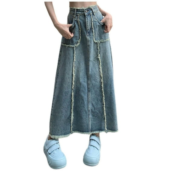 Riforla Vintage High Waist Denim Skirt for Women Summer Mid Length Split Fringe A Line Bodycon Jean Skirt Skirts for Women Trendy Blue S