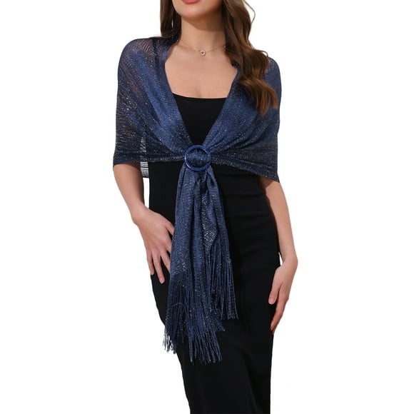 INSPIRE CHIC Women Shawls and Wraps for Evening Dresses, Bling Sparkly Shiny Shimmer Dressy with Buckle 74.8x17.7"(LxW) Dark Blue(Silver)