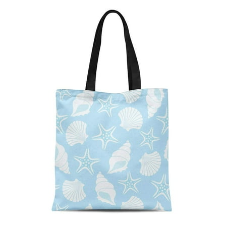 Blue Oyster Pearls ASHLEIGH Canvas Tote Bag Blue Shell Pattern Seashells and Starfish Oyster Pearl Sand Reusable Shoulder Grocery Shopping Bags Handbag ()