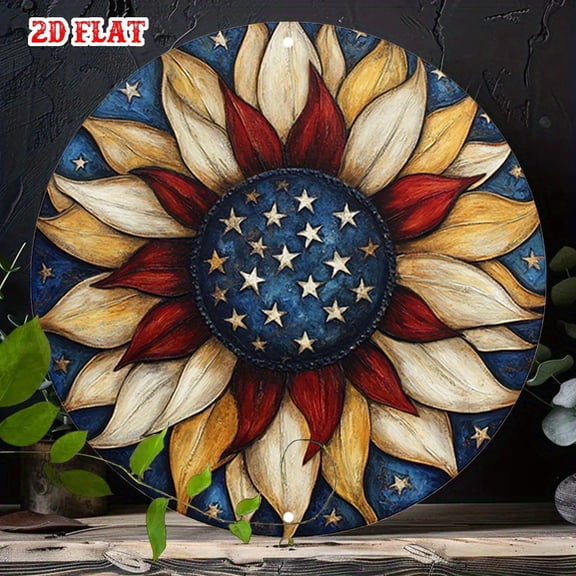 Patriotic Sunflower Round Aluminum Sign, Vintage Rustic American Flag Stars & Stripes 4th of July Wall Decor, 1pc, 8" Wall Art Metal Sign, For Porch, Gardene, Room, Home, Bathroom, Ideal Gift, 2D