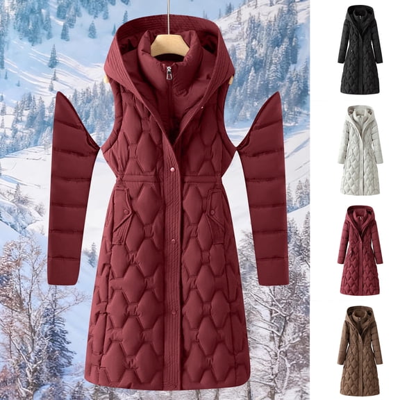 Xdegoge Mid Length Quilted Jackets for Women Full Zip Thick Hooded Coat Casual Loose Padded Jacket Fall Winter Knee Length Outdoor Pocketed Coats with Removeable Sleevees
