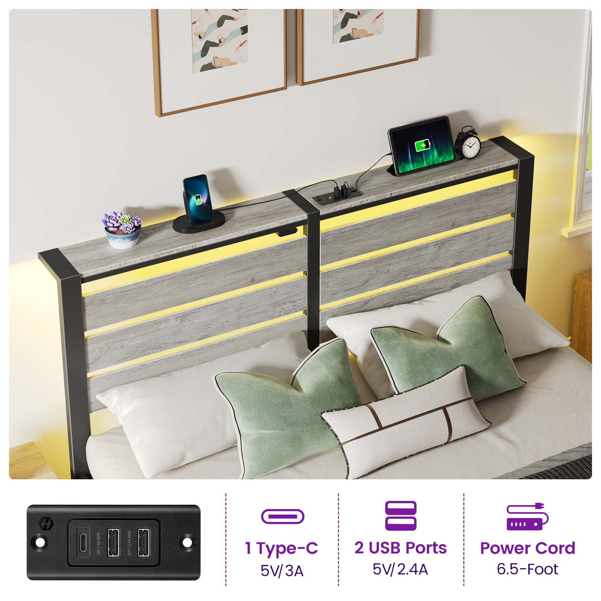 Greenstell Full Size Bed Frame with Storage Headboard,Wood Platform Bed with LED Lights & USB Charging Station,Double Bed Frame with Metal Slats,Light Gray