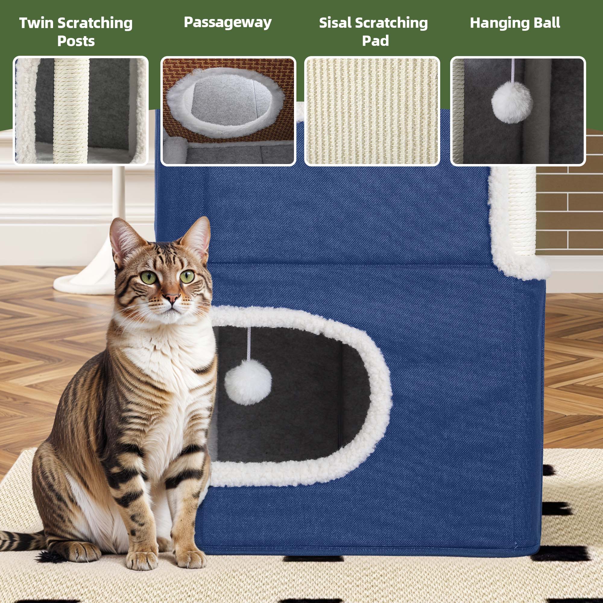 Uforic 2-Tier Indoor Cat Condo with Scratch Pad, Tunnels & Hideaway Cube, Navy Blue