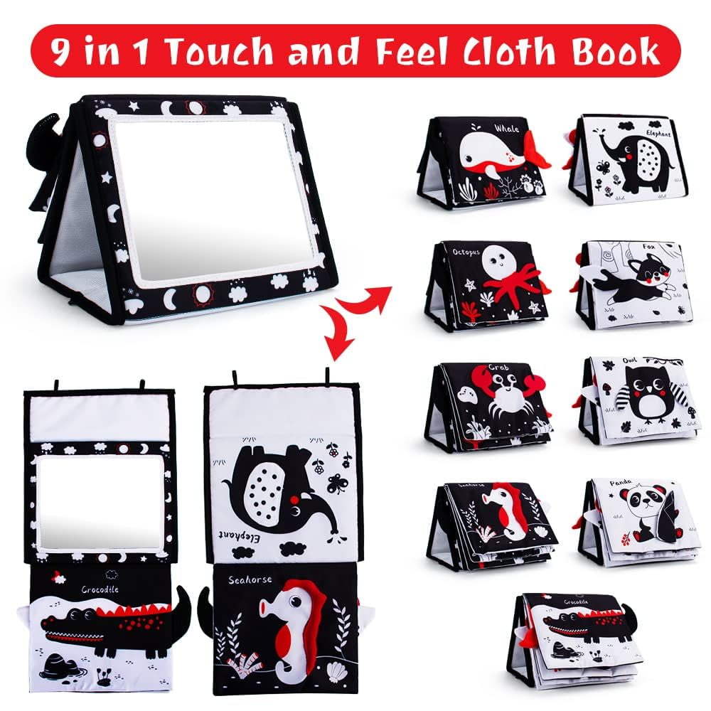 Tummy Time Mirror, Baby Tummy Time Toys with Soft Book, Black and White High Contrast Baby Toys, 3D Activity Sensory Montessori Toys Crawling Mat