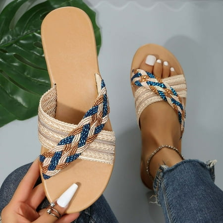 

Ounabing Womens Shoes Summer Fashion Large Size Outer Wear Flat Slippers One Word Open Toe Beach Shoes Slippers