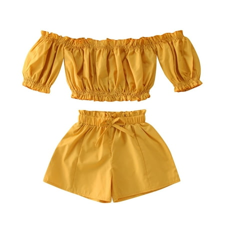 

GWAABD Toddler Girl Clothes Set Yellow Cotton Toddler Kids Girls Clothes Summer Short Sleeve Solid Off Shoulder Ruffle T Shirt Tops Bow Shorts Casual 2PCS Outfits Set 140