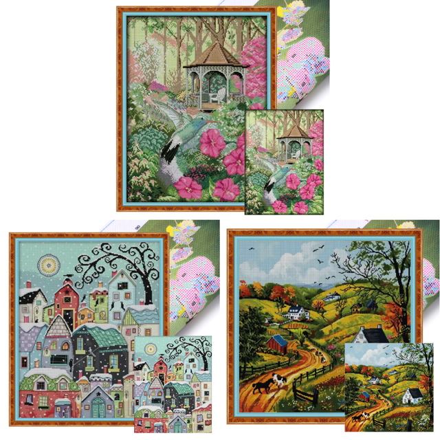 (DA623) Hilo Algodón Ecológico Bordado 14CT 2 Hebras Impresión 33*44 Cm Kit Serie Paisaje Punto Cruz Colibrí Y Pabellón (gancho)