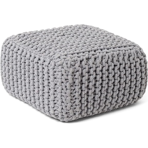 REDEARTH Cube Low Pouf Foot Stool Ottoman - Hand Knitted Poof - Cord Boho Pouffe - Home Decor - Stuffed Footrest for Living Room - Nursery - Bedroom - Patio (16"x16"x8") - Light Gray