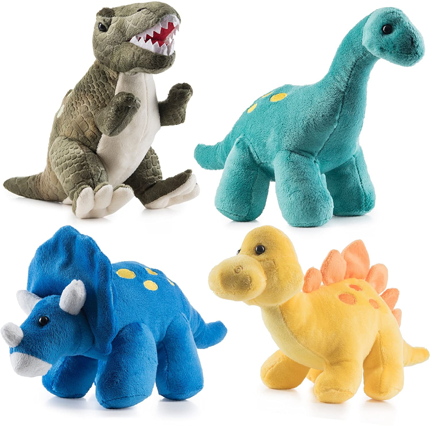 Four Prextex Plush Dinosaurs that come in green, blue, green, and yellow colors