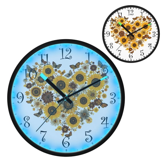 Voice Activated Clock with Glow Light 12 Inch Large Silent Wall Clock Battery Operated for Home Decor Sunflowers Heart Shape
