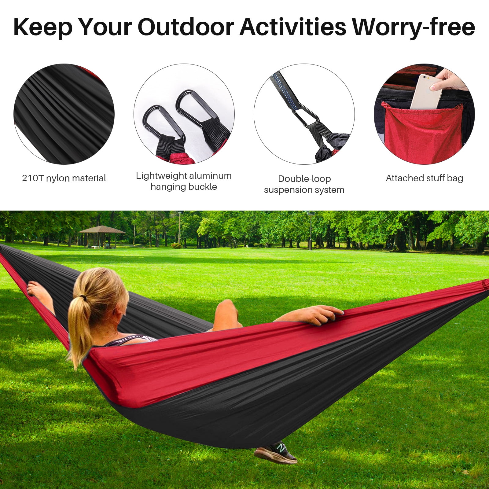 Topchances Camping Hammock, 210T Nylon Lightweight Single Hammock with 2 Tree Straps and Carry Bag, Great for Outdoor, Indoor Beach, Camping, Red & Black