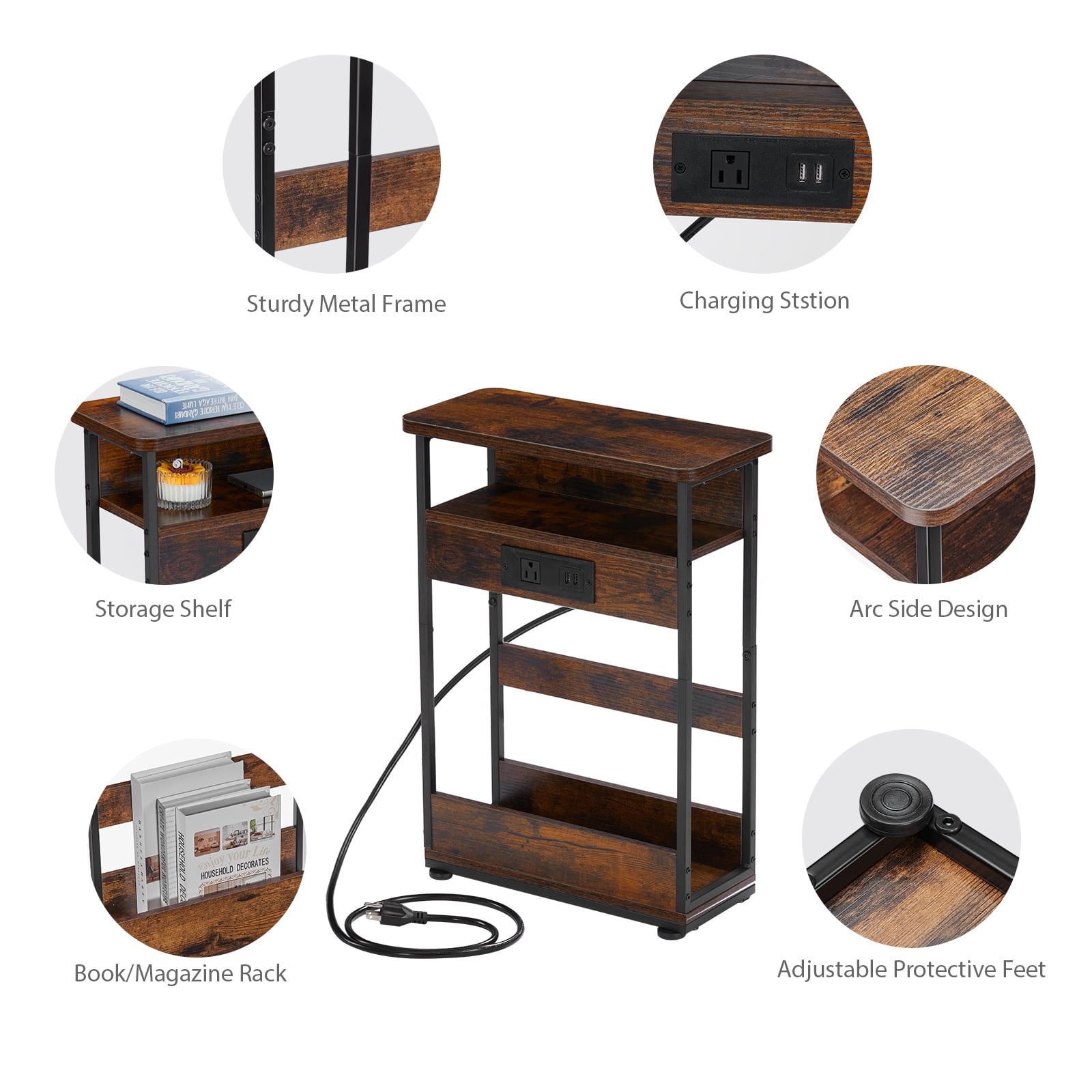 ZEXVIDA Narrow Side Table with Charging Station, 3 Tier Slim End Table with Storage Shelf for Small Spaces, 21.6 Inch Height Thin Tables Small Nightstand Magazine Rack for Living Room,Brown