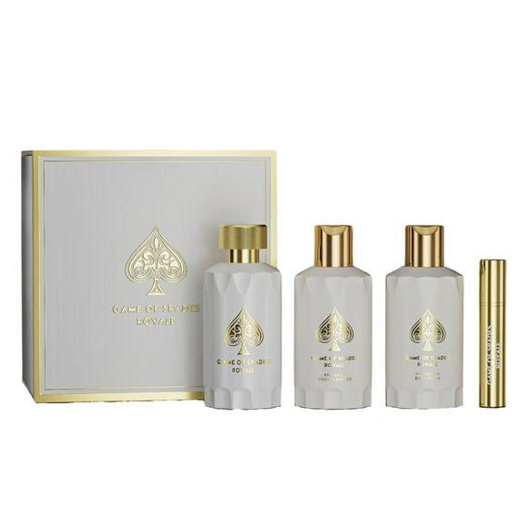 Set de Perfume Jo Milano Game of Spades Royale 4 piezas 100ml Parfum 200ml Gel Corporal 200ml Crema Corporal 8ml Atomizador Rellenable