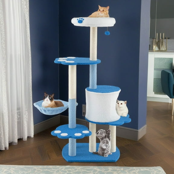 Pefilos 54" Cat Tree Tower, Cat Condo for Indoor Cats with Padded Plush Perch, Cat House with Basket Scratching Board Post, Blue