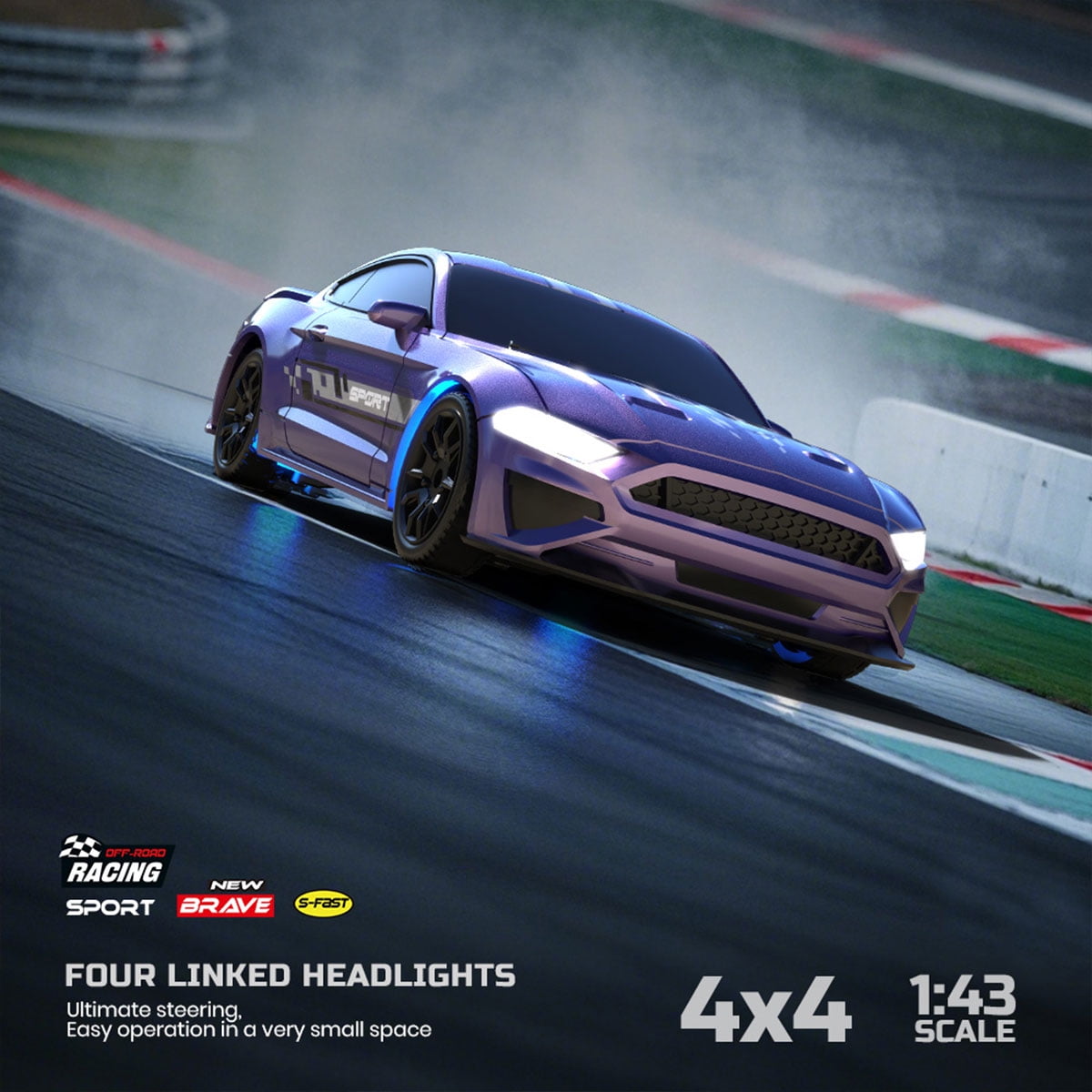 1/43 Scale Full-Proportional Mini Electric RC Drift Racing Car Model, 2.4G 15KM/H TOP Speed Vehicle with LED Lights(RTR /Purple)