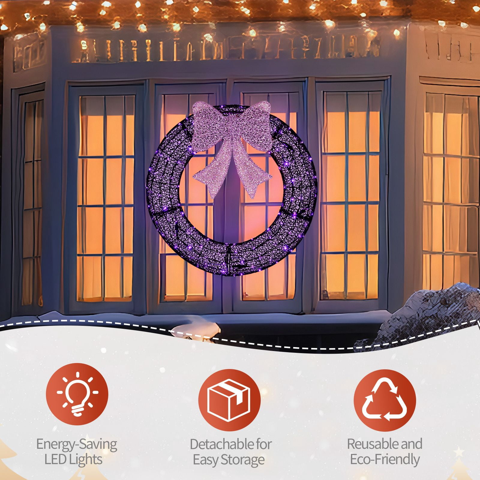 36in Pre-lit Outdoor Christmas Wreath Decoration, Lighted Metal Wreath with Purple Bow, Remote Control LED Lights with Timer, for Front Door Gate Wall Indoor Outdoor Holiday Party