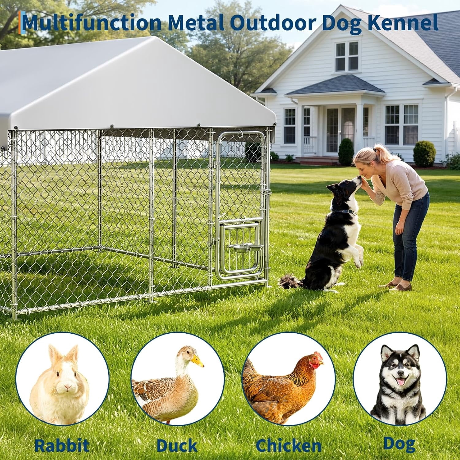 7.5×7.5×6.6 FT Home Large Metal Outdoor Dog Kennel, Metal Wire Dog Enclosure with Waterproof Roof & Adjustable Bowls Feeder for Backyard Farm