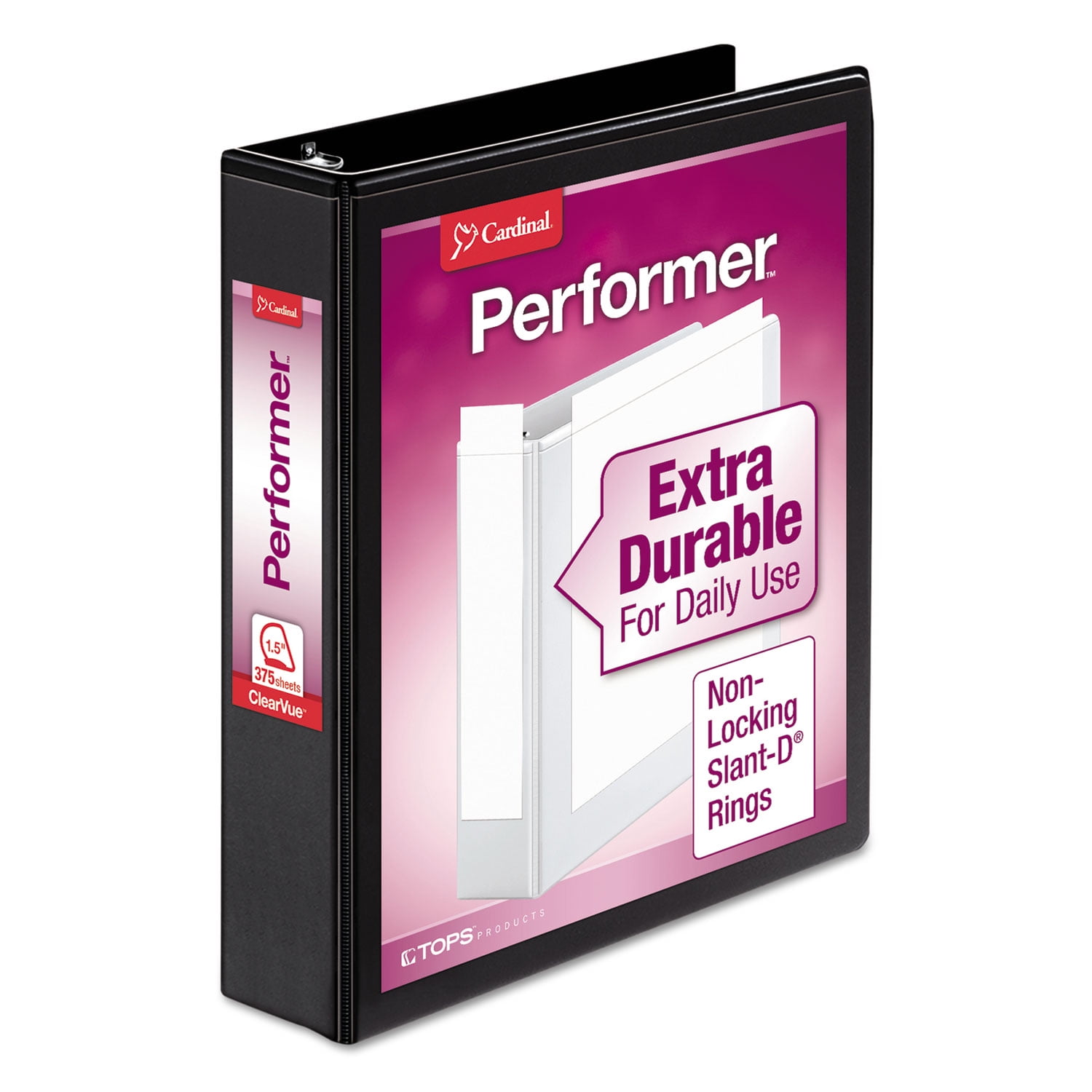 Cardinal Performer Clearvue Slant-D Ring Binder, 3 Rings, 1.5' Capacity, 11' x 8.5', Black