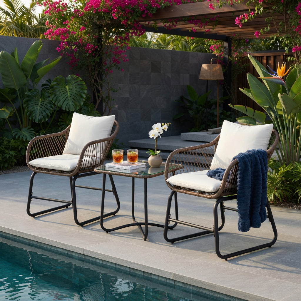 Hommoo 3-Piece Outdoor Rattan Bistro Set with Cushions, Weather-Resistant PE Wicker Armchairs + Tempered Glass Table for Patio, Balcony, Poolside, White