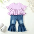 thumbnail image 3 of 2T Baby Girls Outfits 3T Girls Pant Sets Toddler Girls Short Sleeve Solid Color Top Jeans Pants 2PCS Set Purple, 3 of 9