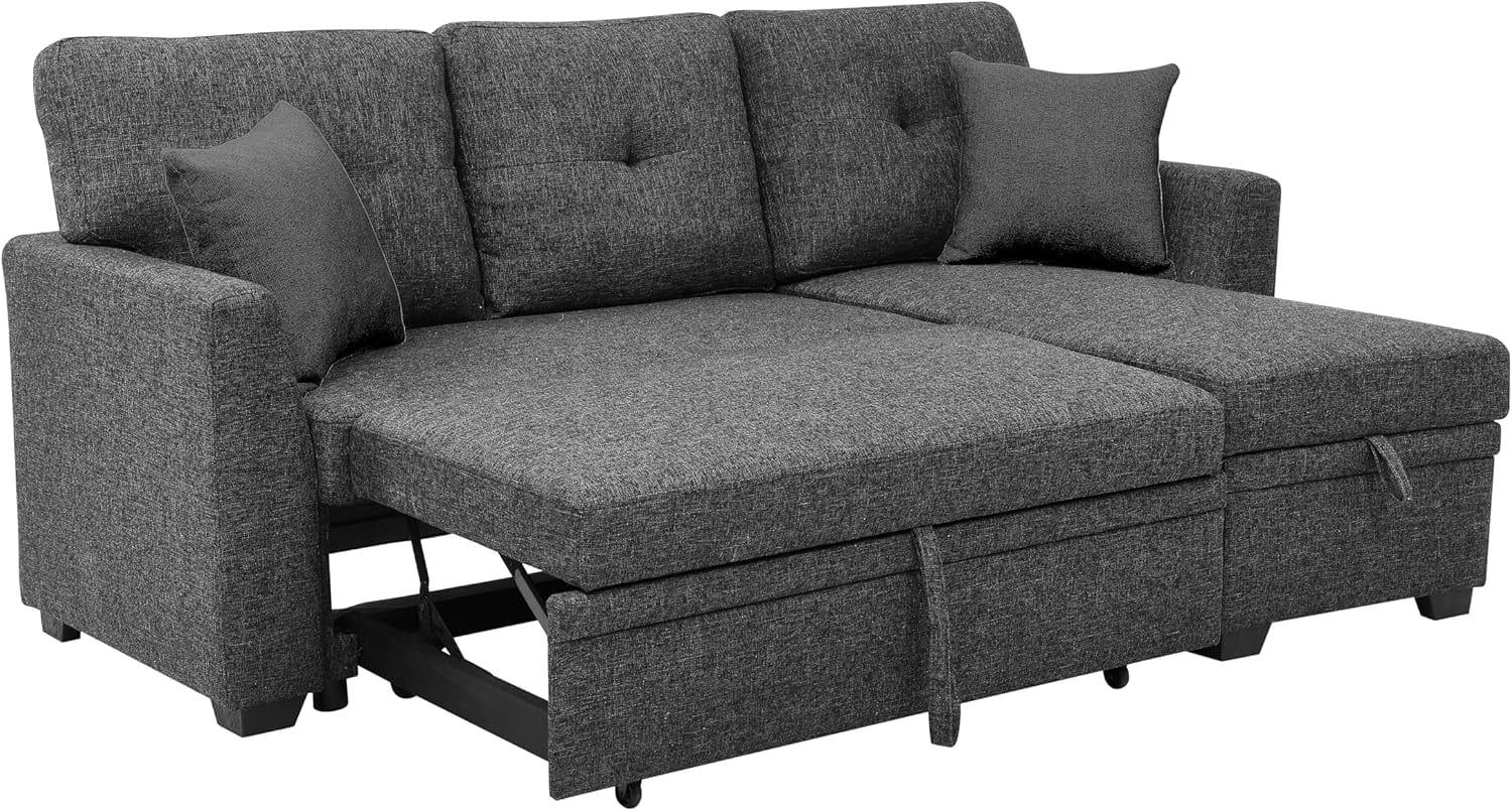 Convertible Sleeper Sofa Bed, 76.5" L Shaped Sectional Couch With Pull Out Bed Reversible Storage Chaise Compact Linen Sofa Small Space Apartment Living Room,Charcoal Black