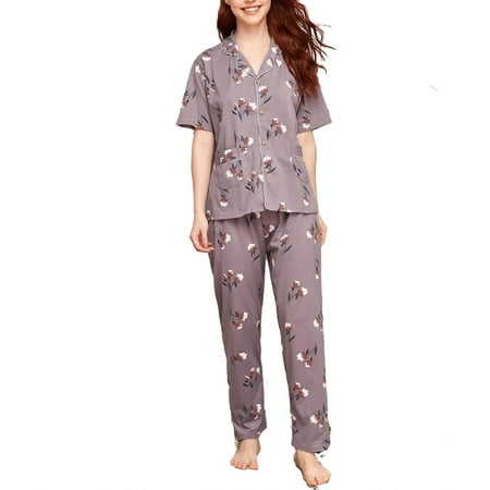 

2pcs Set Elegant Floral Print Lapel Neck PJ Pant Sets Short Sleeve Mauve Purple Women s Pajama Sets (Women s)