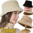 thumbnail image 2 of SikaFu 7colors Winter Lamb Wool Fisherman Hat Women Fashion Bucket Hat Wide Brim Flat Top Cold-proof Windproof Cap Solid Color, 2 of 6