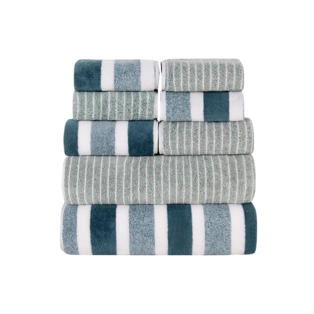 Green 8-Piece Velvet Towel Set With Wide Stripe Pattern, High Absorbency And Double-Needle Stitching For Bathroom, Spa, Gym And Travel, 30X30 In, 70X140 In, 1.57 Lb