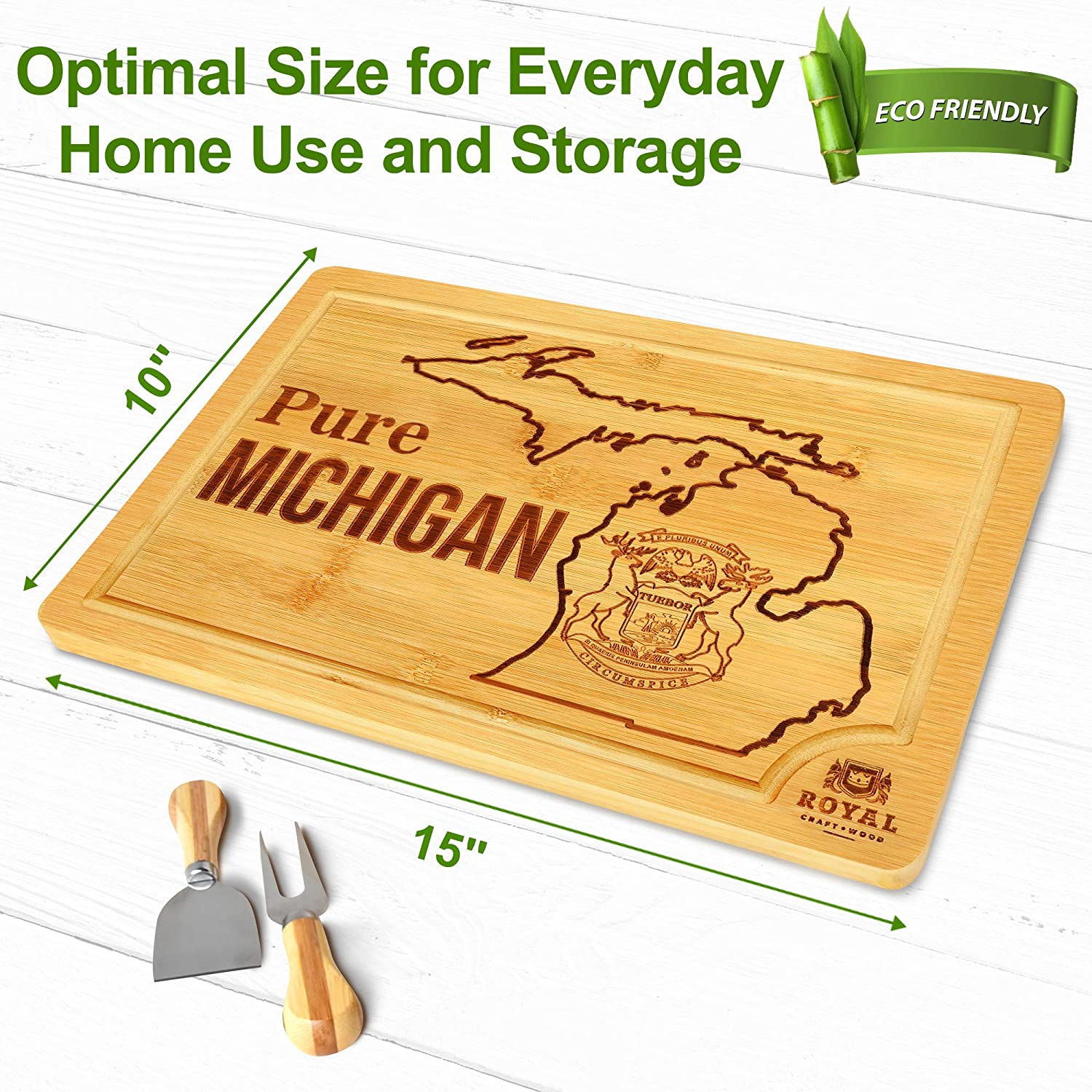 Bamboo State Cutting Board for Kitchen – Michigan Cheese Board, Charcuterie Platter & Serving Tray, (15" x 10")