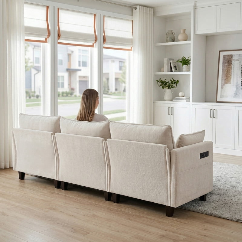 Modern 110"W Chenille L-Shape Sectional Sofa Set,3-Seat Sofa Couch + Ottoman, USB Port, Side Pocket