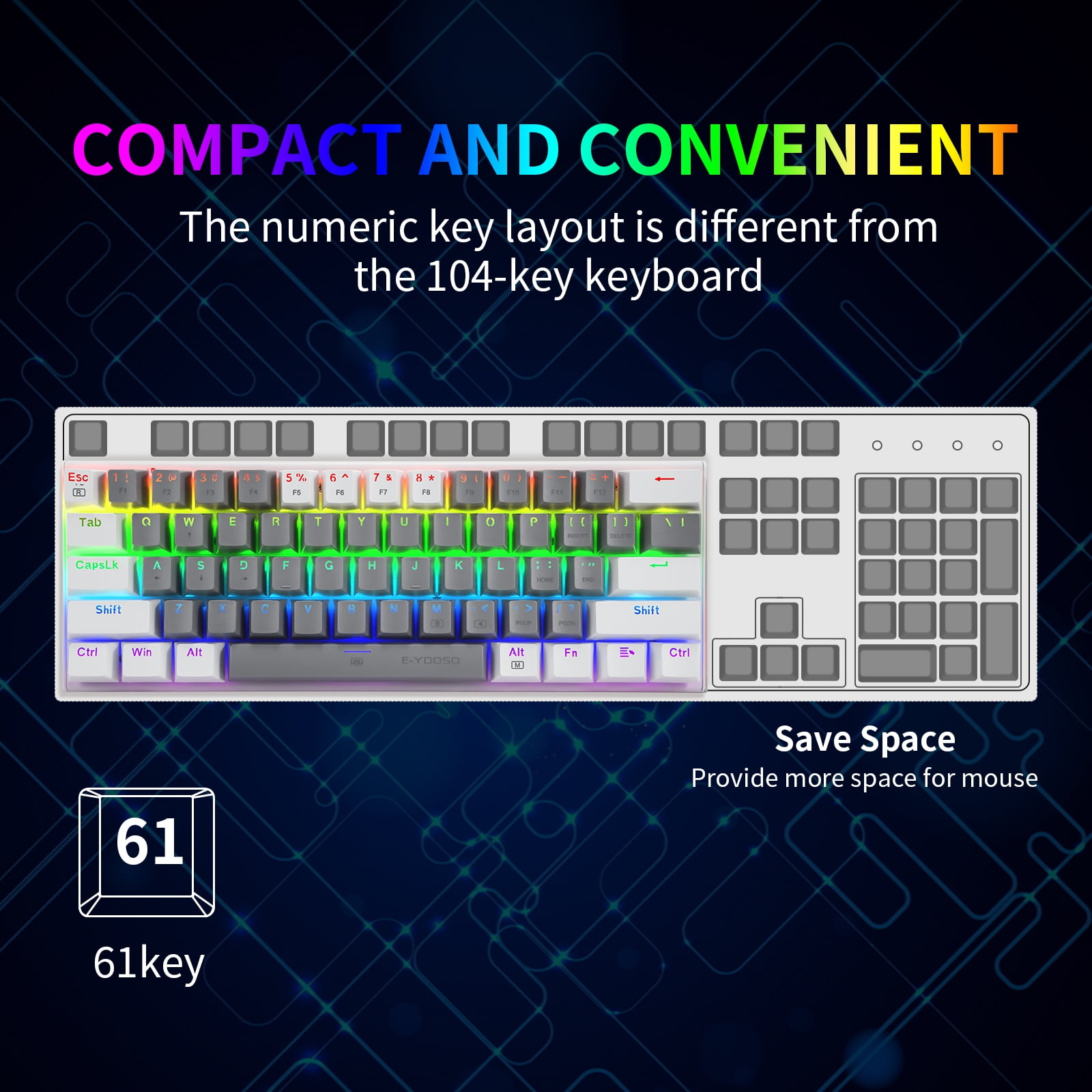 60% Wired Mechanical Gaming Keyboard, E-YOOSO RGB Backlit Ultra-Compact 61 Keys Hot Swappable Mini Waterproof Wired Office Keyboard with Red Switches for Windows, Mac OS Gamers (Grey White)