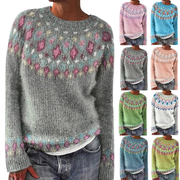 Fair Isle Sweater Women Vintage Long Sleeve Crewneck Sweater Fair Isle Knit Pullover Top Light Green M
