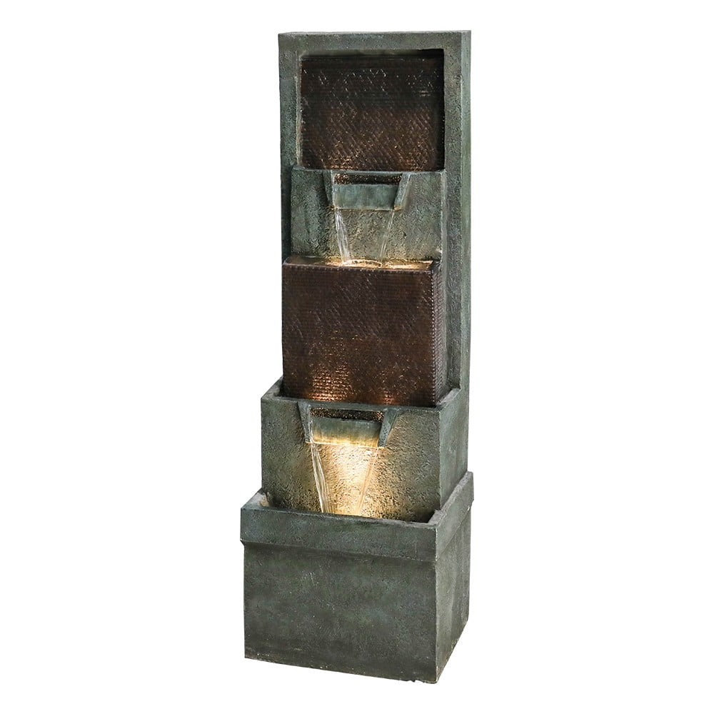 SunJet Modern Indoor Outdoor Waterfall Fountain - 39.3”Tall Relaxing Soothing Outdoor Freestanding Fountains with Lights&Pump