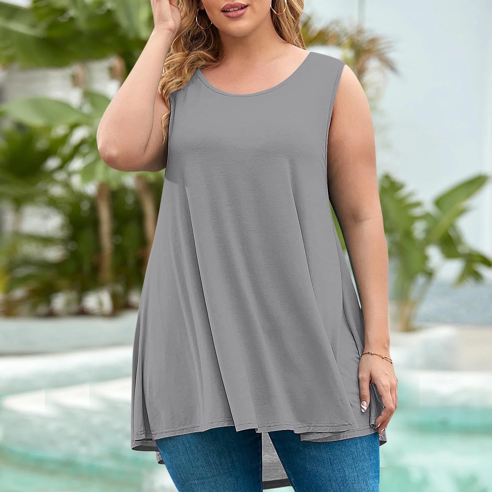 AherBiu Débardeurs d'Été Grande Taille pour Femmes Coupe Ample Col Rond Sans Manches Ourlet Mode Basique T-Shirt