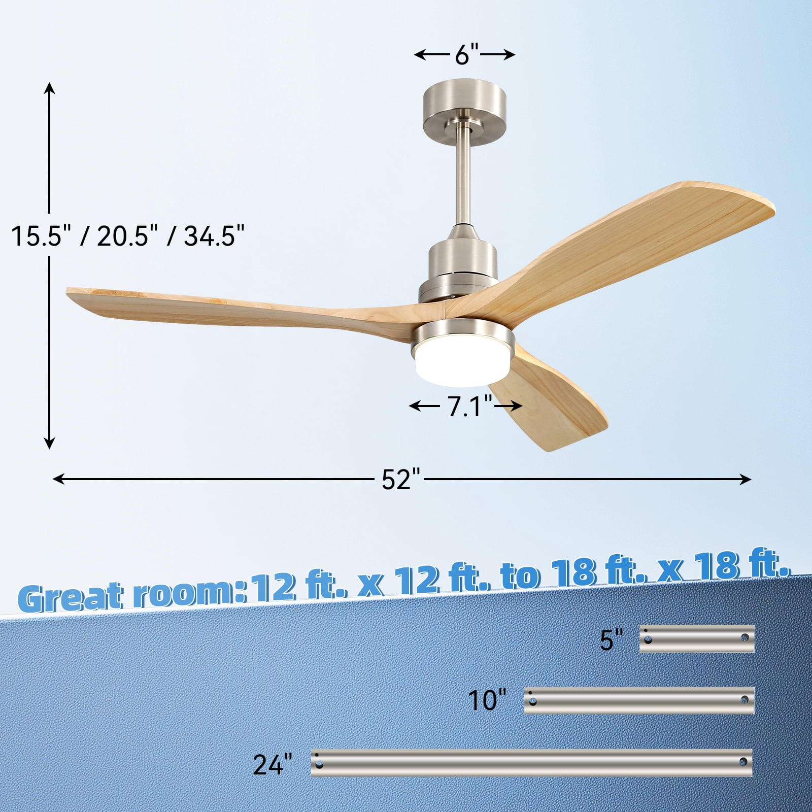 Sofucor 52" Nickel Modern Ceiling Fan with LED Light