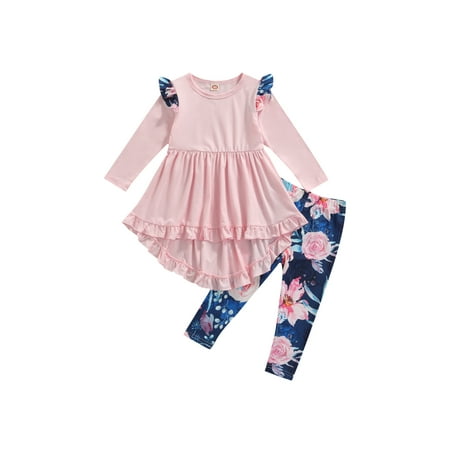

Canrulo 2PCS Toddler Baby Girls Clothes Ruffle Long Sleeve Tops Dress Floral Pants Autumn Outfits Pink 2-3 Years