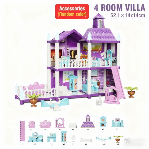 Doll House for Girls, 4 Rooms Huge Princess House Playset with 2Dogs & Furnitures, DIY Pretend Play Princess Castle Christmas Birthday Gifts for Kids