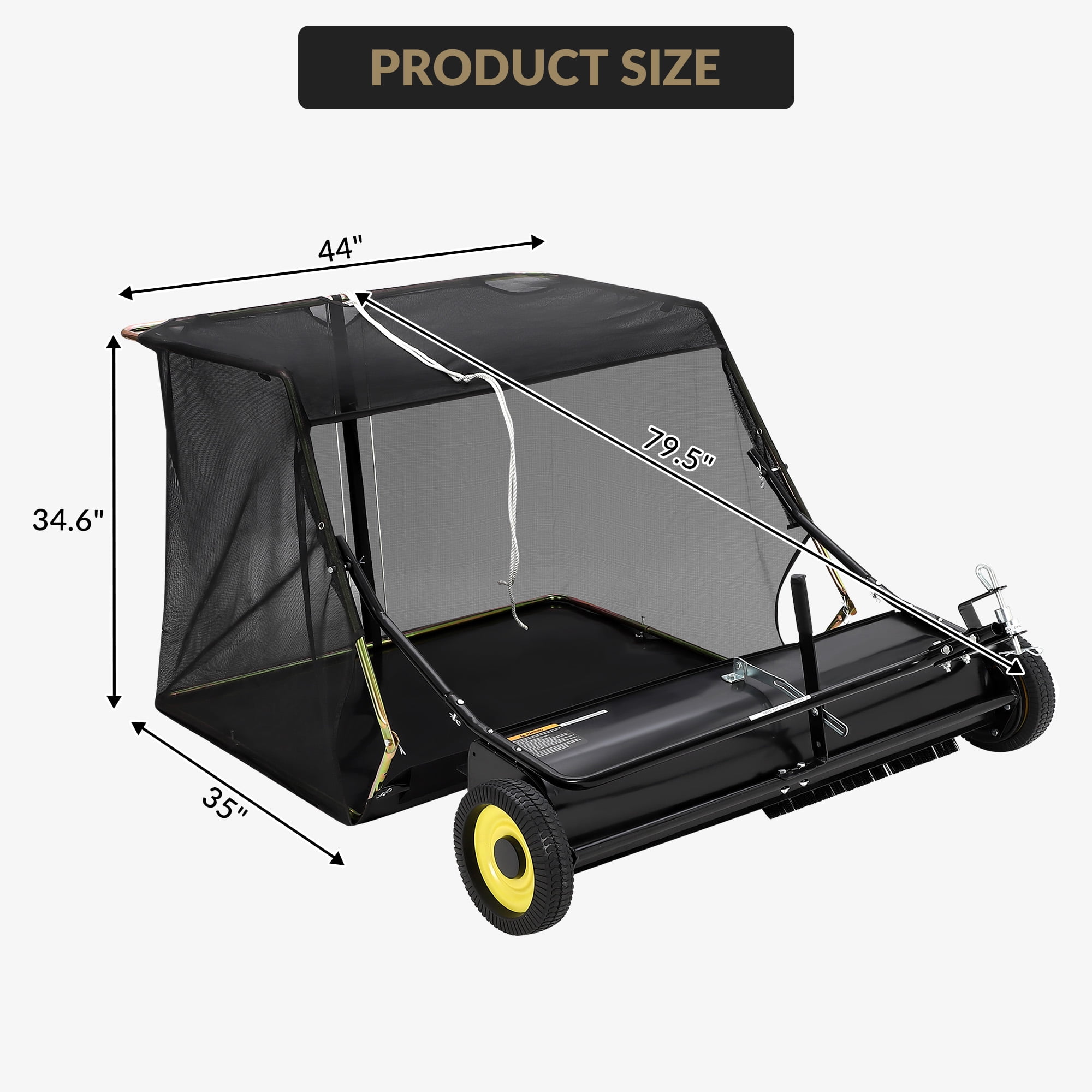 Danolapsi 42inch Trailer Lawn Sweeper with Adjustable Height, 12 Cubic Foot Capacity, Leaf and Grass Clipping Collector, Easy Dump Rope, Universal Hitch, Foldable Storage for Yard and Garden