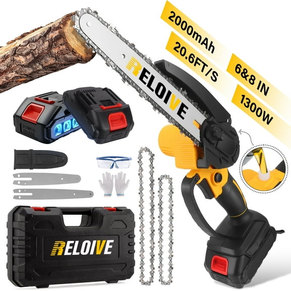 RELOIVE 6"&8" Min Chainsaw, Cordless Chainsaw with 2x 2000mAh Batteries , 1300W Electric Chainsaw with Automatic Lubrication, Power Chain Saw for Wood Cutting Tree Trimming